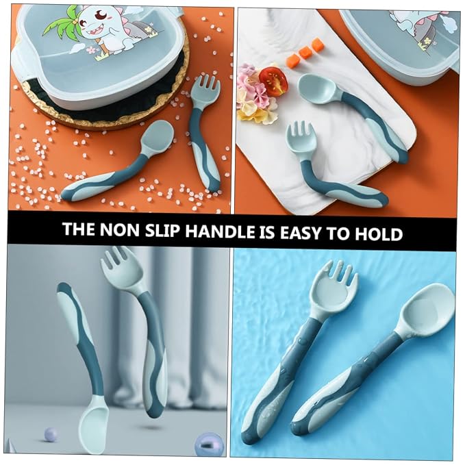Wakauto 2 Sets Silicone Spoons and Forks Flexible Bendable Feeding Utensils Training Cutlery for Dining Soft Tips in