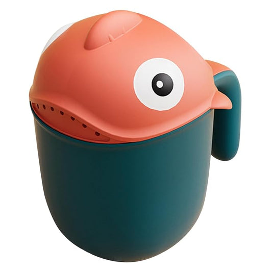 Baby Bath Rinser Cup, Large Capacity Bath Cup for Rinsing Hair with 7-Hole Gentle Shower, Easy-Grip Cartoon Fish Design for Kids Time..