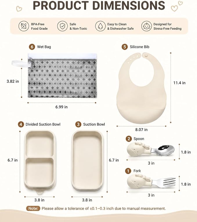 Travel Silicone Baby Feeding Set with 316 Stainless Steel Spoon & Fork, Silicone Suction Plates, Foldable Bib, Storage Bag - Portable Infant Toddler Utensils, 6-Piece BPA-Free Dishware Kit (Beige)