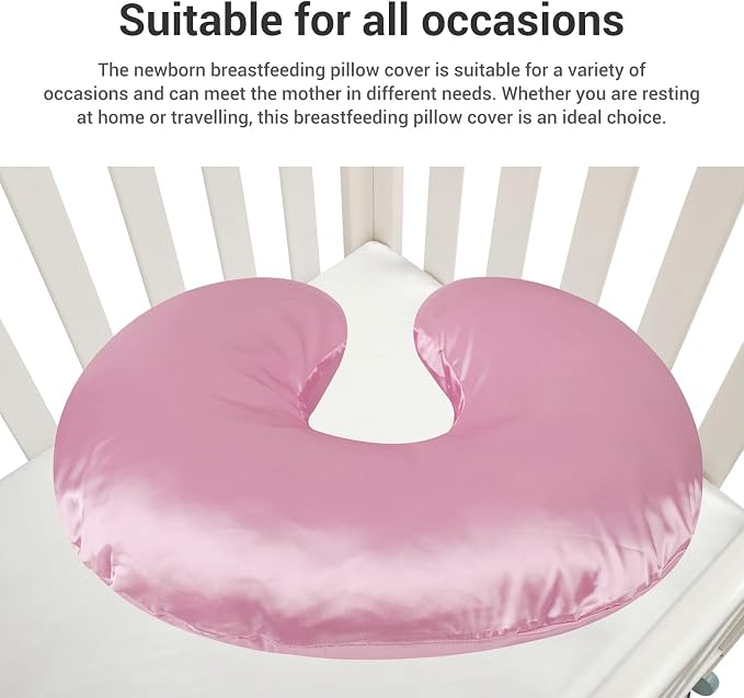 Soft Satin Nursing Pillow Cover, Skin Friendly, Washable, Breathable, Breastfeeding Pillow Slipcover Compatible for Feeding and Newborn Care (Pink)