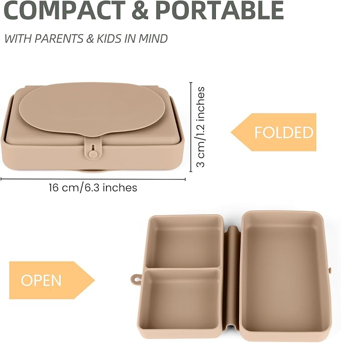 Silicone Baby Plate, Foldable & Compact Food Grade Silicone Plates, Foldable Toddler Travel Essential with Suction for Toddlers (Almond Butter)