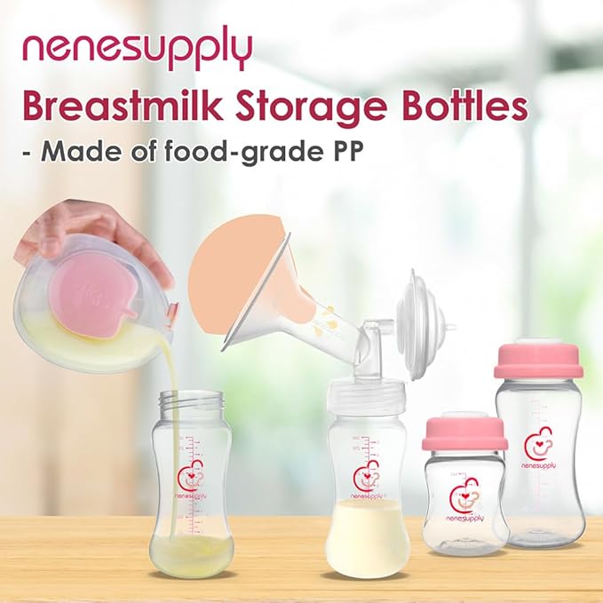 NENESUPPLY Breastmilk Storage Bottles Collection for Spectra S1 S2 Motif Luna Breast Pumps 4 pc 9oz 280ml with Collar and Sealing Disc. Replace Spectra Bottles for Pumping Wide-Mouth