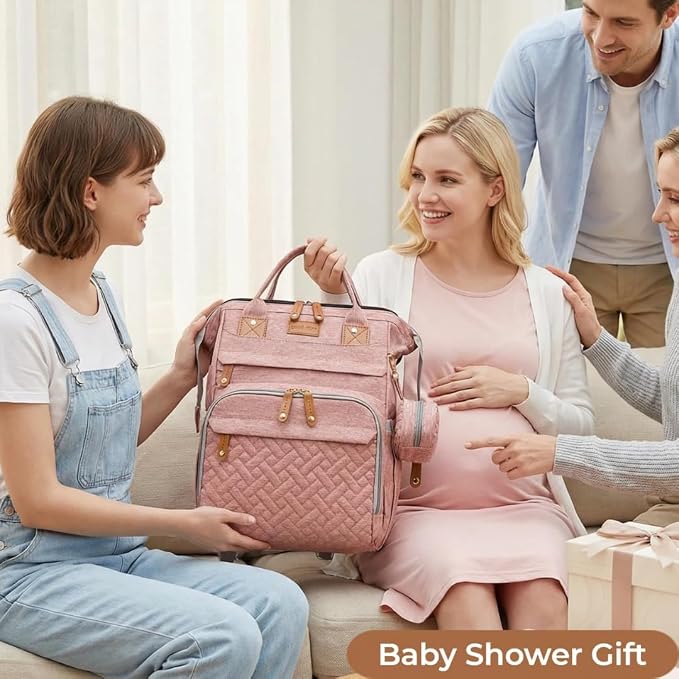 Diaper Bag With Changing Pad, Travel Waterproof Bagpack Diaper Bag For Mom Dad With USB Charging Port, Large Capacity & Multifunctional With Insulated Pacifier Case - Pink