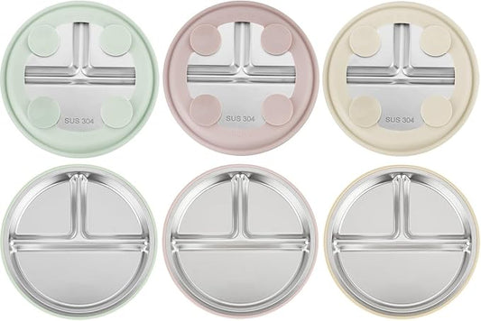 PandaEar 3 Pack Stainless Steel Toddler Plates with Suction, Divided Plates with Removable Silicone Sleeve for Babies & Toddlers（Pink/Green/Linen）