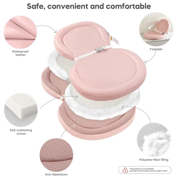 Baby Changing Pad, Waterproof Wipe-Clean Non-Slip Foldable PU Surface with Adjustable Safety Belt, Compatible with Dresser & Changing Table, 30"X18", Pink