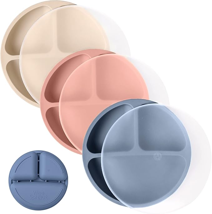 WeeSprout Silicone Plates with Lids for Babies & Toddlers (3 Pack) 100% Food-Grade Dishes for Self Feeding, Divided Design & Raised Edges for Picky Eaters, Dishwasher & Microwave Safe Weaning Supplies