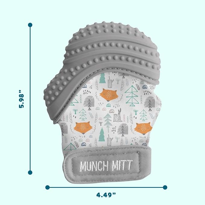 Munch Mitt Patented Teething Mitten Baby Chew Toy - Protects Hands from Chewing & Saliva, Heals Aching Gums, Promotes Sound & Visual Stimulation for Babies - Grey Fox