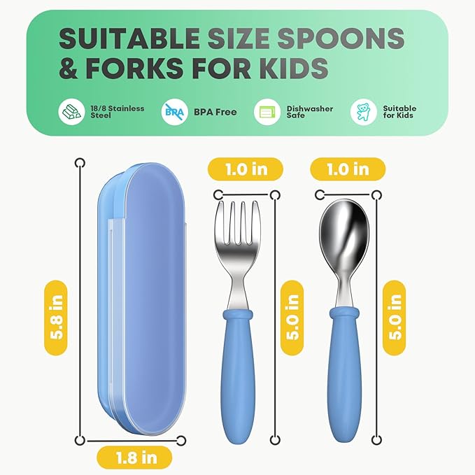 Toddler Utensils, Kids Stainless Steel Silverware Set, Toddler Forks and Spoons, Baby Utensils Set with Storage Box for Self Feeding Safe, Dishwasher Safe (3 Set with Case)