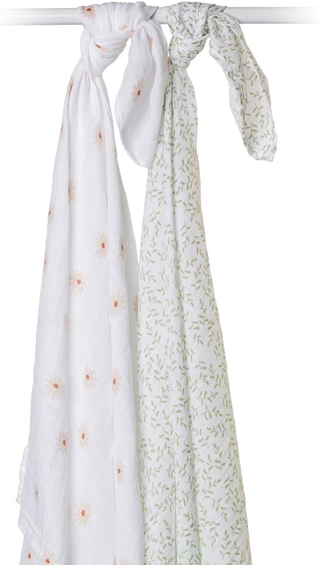Lulujo Baby Swaddle Blankets | Unisex Softest Breathable Cotton Muslin Swaddle Blanket Set | Neutral Receiving Blanket for Girls & Boys | 40in x 40in | Daisies & Greenery | 2-Count