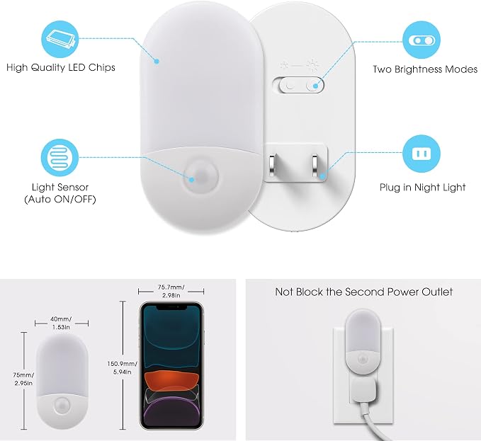 LOHAS Night Lights Plug into Wall [𝟮 𝙋𝙖𝙘𝙠], Auto Dusk to Dawn sensor, 0.6W Dimmable LED Nightlights, Daylight White 5000K, 30/60lm Small Night Light for Hallway, Kids, Adults, Bathroom, Stairs