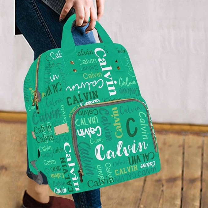 InterestPrint Custom Name Backpack, Personalized Green Funny Font Nappy Bags Customized Diapering Bag Backpack Casual Daypack Travel Shoulder Bag for Hiking Camping Work