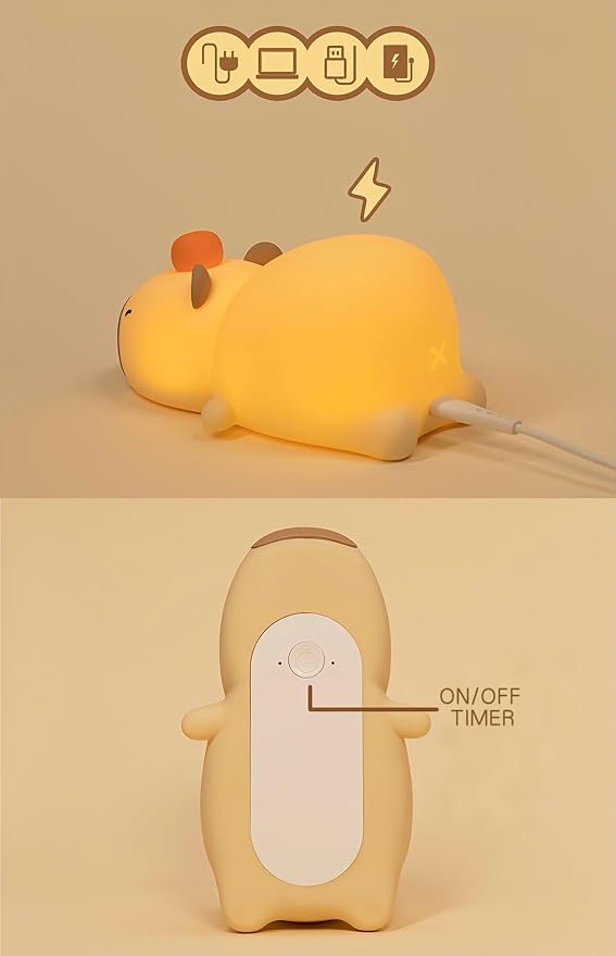 Capybara Night Light, LED Squishy Novelty Animal Night Lamp, Lying Capybara Baby Light, Timer,Rechargeable, Dimmable, 7 Colors RGB Brightness Adjustable, Baby Boys Girls Gifts,Room Decor