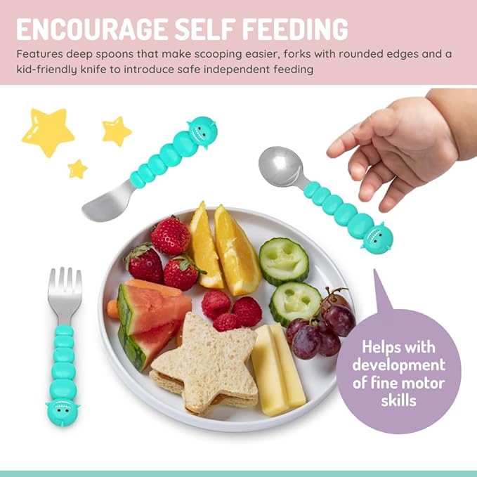 melii Toddler and Kid Feeding Spoon Fork & Knife Set, Stainless Steel ??Bulldog, Cat, Shark, Bear??BPA Free, Dishwasher safe (Bear & Shark 6pc)