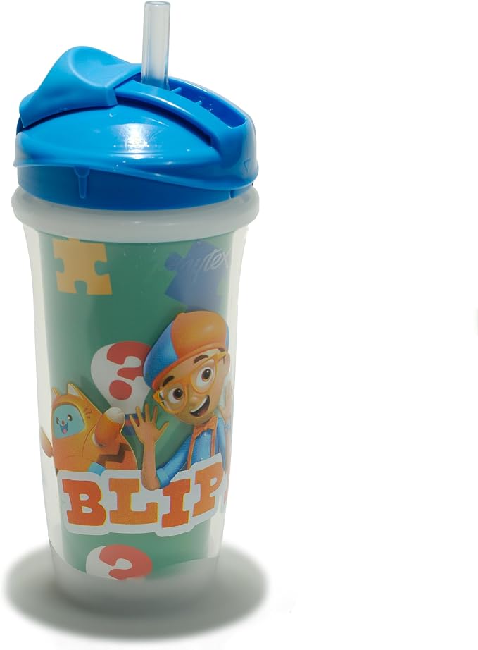 Playtex Baby Sipsters Straw Sippy Cup for 12+ Months, 9 Ounce (2 Count), Blue Blippi Design, Insulated Toddler Water Bottle for Kids, Spill-Proof Cups for Toddlers 1-3, Stage 3
