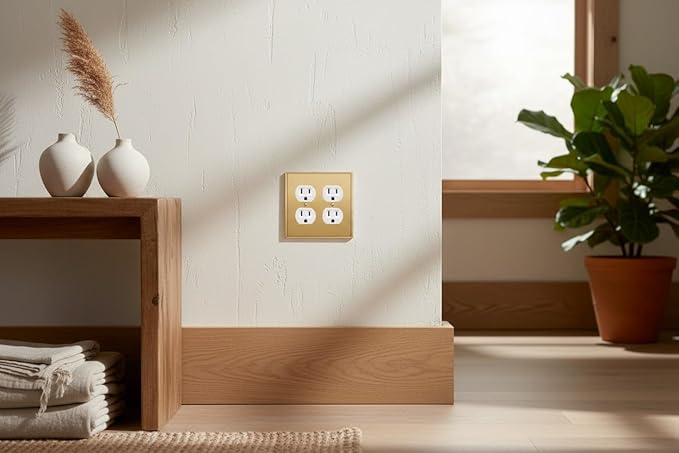 Rio Salto BRASS Metal Gold Double Duplex Receptacle Wall Plate Light Switch Cover Wall Plate Dual Duplex Receptacle Metal Wallplate Covers Double Gang Brushed Brass 2 Gang (2-Pack) STANDARD SIZE