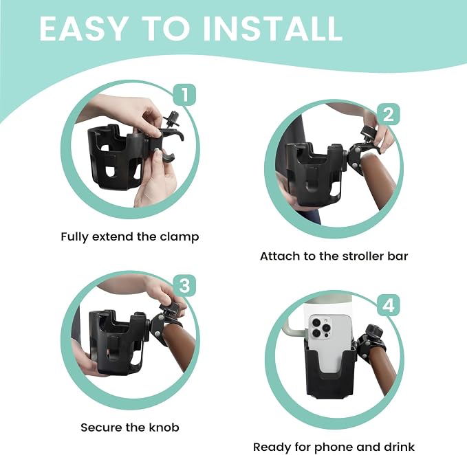 Universal Big Size 2-in-1 Cup & Phone Holder for Stroller Walker Wheelchair, Adjustable Clip On Attachment for Bike Scooter Rollator, Compatible with Nuna Uppababy Graco Doona Baby Travel Gear