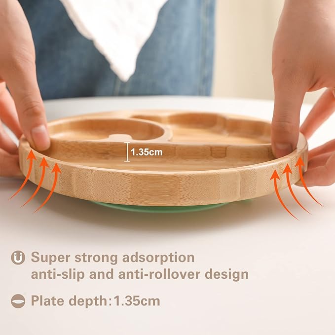 Suction Plates for Baby & Toddler, Bamboo Divided Platter Feeding Dishes with Silicone Fork& Spoon, All-Natural Baby Food Plate Stays for Baby-Led Weaning, Non-Slip Design