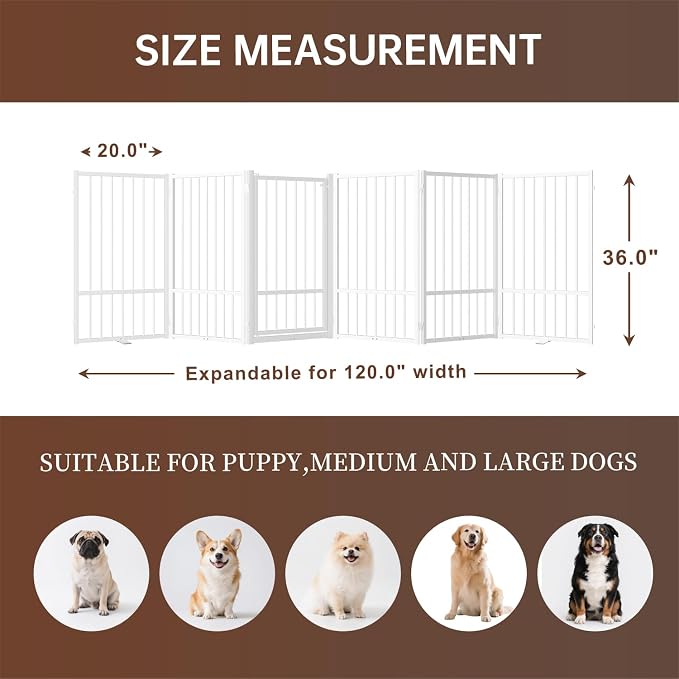 6 Panels Full Metal Freestanding Dog Gates with Door, 120” W x 36” H Folding Pet Gate Fence with Support Feet for Indoor,Stairs, Hallways and Doorways(White)