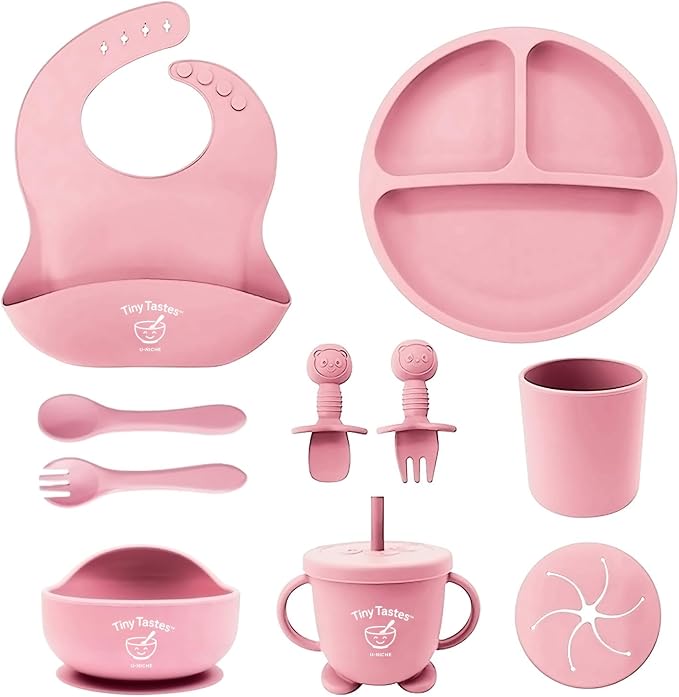 10-Piece Silicone Baby Feeding Set – BPA-Free, Spill-Proof Suction Plate, Bowl, Bib, Snack Cup & Utensils | Dishwasher Safe, Baby Gift Ready (Light Pink)