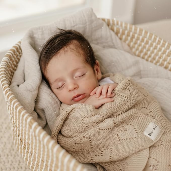 Heirloom Knit Heart Receiving Unisex Blanket for Boys and Girls - 100% Luxury Cotton Baby Blanket - Soft Warm Swaddle Receiving Blanket for Newborns Infants & Toddlers (Oatmeal)