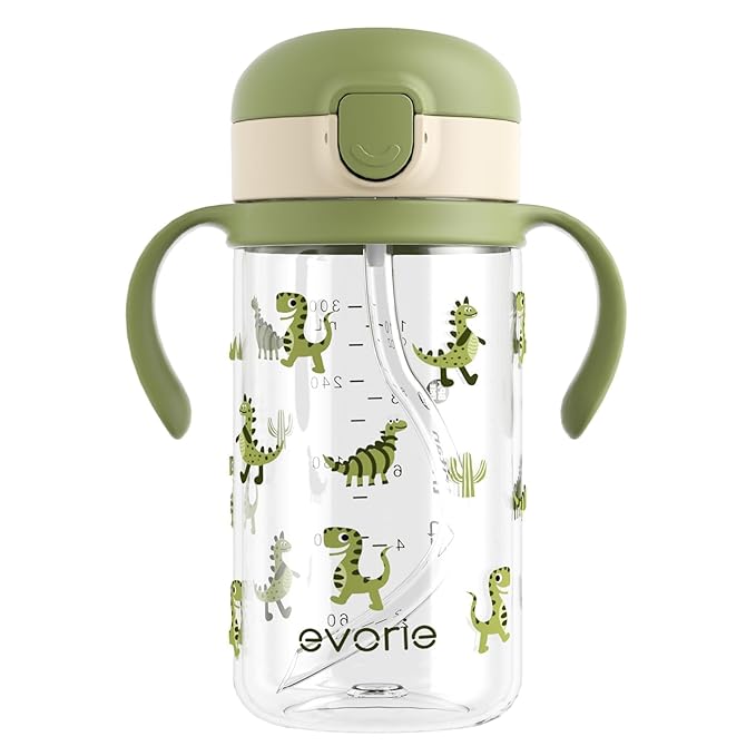 Evorie Tritan Spill Proof Toddler Straw Sippy Cup, 10 oz for Baby and Toddlers 1-3 Years Old, No Spill Straw Water Bottle with Removable Handles, Ideal for School, BPA-Free, Green Dino (New)