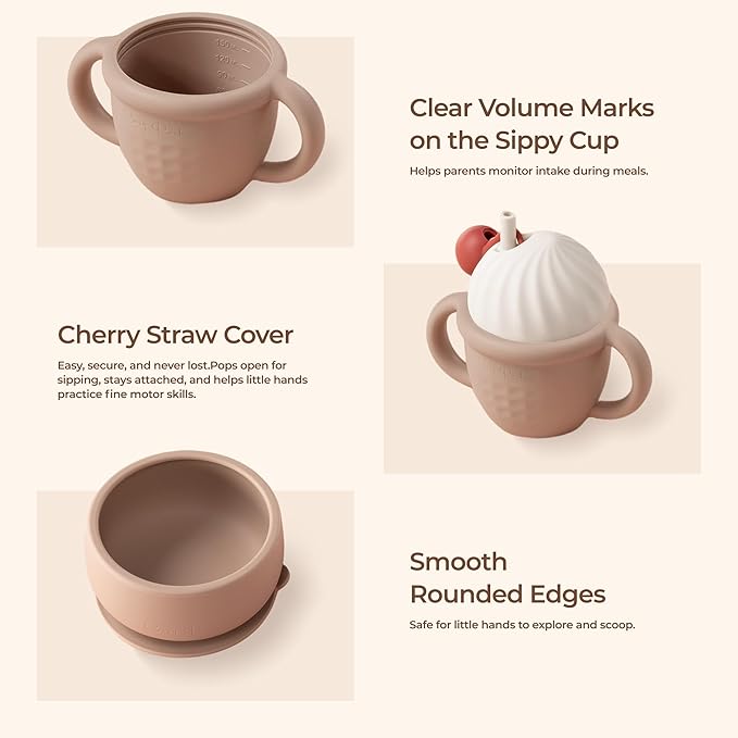 Silicone Baby Feeding Set, Gelato Collection Baby Led Weaning Supplies, First Self-Feeding Ice Cream Set, Silicone Suction Bowl with Cherry Lid & Plate, Straw Cup & Bib, Fork & Spoon