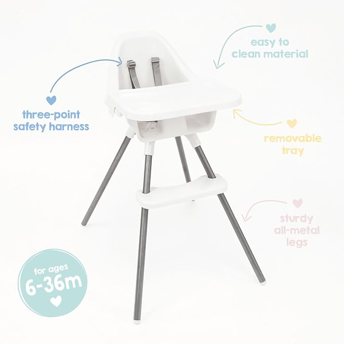 Regalo Baby Basics® High Chair for Babies and Toddlers, Baby High Chair with Removable Oversized Tray & Cup Holder, 5-Point Harness, Easy to Clean Toddler High Chair, White