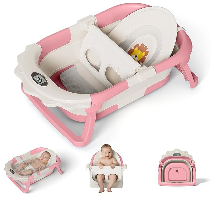 MoreFeel Foldable Baby Bathtub with Thermometer - 4-in-1 Grow-with-Me Collapsible Infant Tub (Newborn to Toddler) with Adjustable Mesh Sling - Space Saving Design