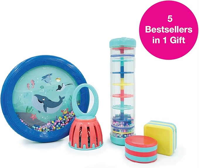 Edushape First Birthday Gift Set - Baby Musical Instruments & Toddler Music Set - Music Toys Baby Gift ??Includes Hand Drum, Rain Stick, Shakers, Bell - Interactive Toddler Music Toys for Toddlers 1-3
