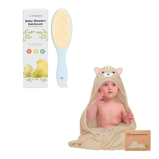 KeaBabies Baby Hair Brush and KeaBabies Baby Hooded Towel - Brush with Soft Goat Bristles, Soft and Absorbent Bath Towel Rags for Kids, Cradle Cap Brush