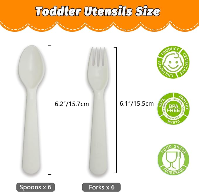 12 Pcs Kids Spoons and Forks Toddler Utensils Plastics Reusable Silverware Baby Cutlery Set Feeding Dinnerware Utensils BPA Free Microwave Dishwasher and Freezer Safe- White