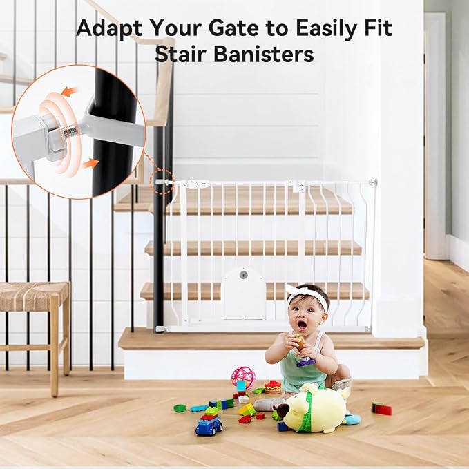 COMOMY 29.5-43.7" Baby Gate with Adjustable Cat Door,Extra Wide Metal Cat Gate for Stairs Doorways, Auto Close Dog Gate with Pet Door for House, Pressure Mounted Easy Walk Through (30" Tall, White)