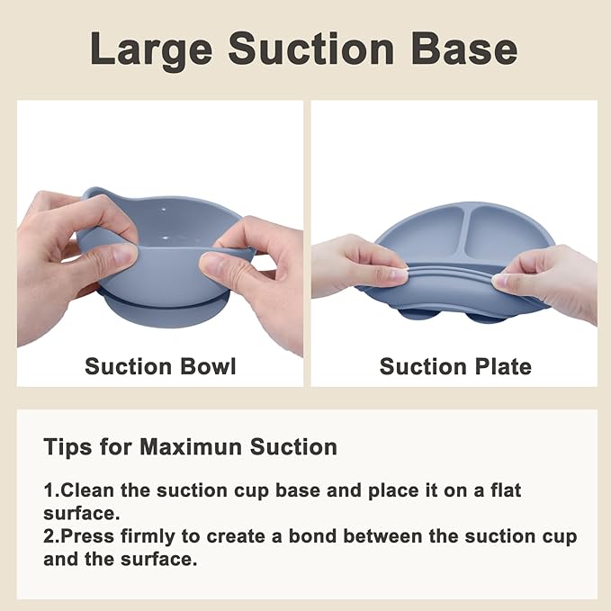 Silicone Baby Feeding Set | Baby Led Weaning Supplies Includes Suction Bowls and Divided Plates, Adjustable Bib, Baby Utensils Spoons and Forks,Cup | Baby Feeding Essentials (Blue Gray)