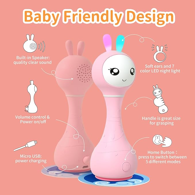 alilo Smarty Bunny Baby Rattle Musical Light Up Toys, Infants Newborns Baby Toys 0-3-6-12-18-24 Months,1 Year Old Boy Girl Easter Gifts, 4 Music Modes and Color Recognition Function with 9 Color Card