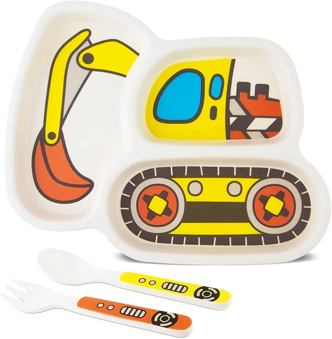 Kids Plate Set, Included Plate Fork and Spoon 3-Piece Set - Toddler Plates Dinnerware Dinner Dish Set Baby Feeding Divided Plate - Child Portion Control Dish Tray (Excavator)