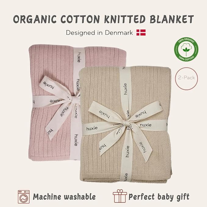 100% Organic Cotton Knit Receiving Baby Girl Blanket for Newborns - Soft, Breathable Swaddle Blanket for Crib & Stroller - Nursery Gift 2-Pack (Fog and Blush)