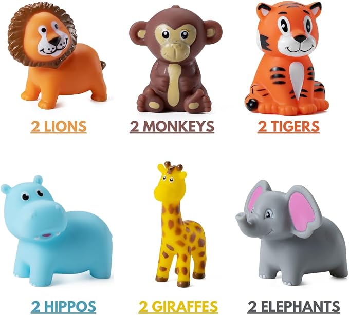 Mini Zoo Animals Bath Toys - (Pack of 12) Vinyl Rubber Jungle Safari Animal Figures, Squeezable Bath Tub Toys for Kids, Baby Shower, Birthday Party Supplies, Favors, Cake Decor, Table Decorations