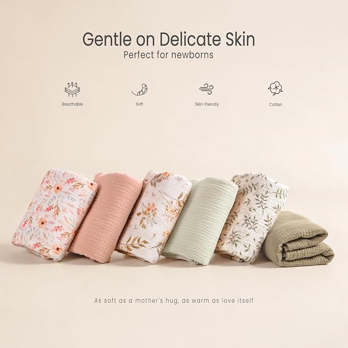 lulumoon Muslin Swaddle Blankets for Baby: Cotton & Soft Receiving Blanket for Newborn with Flower Printed- Neutral Gift for Baby Shower 2pack(GreenDaisy)