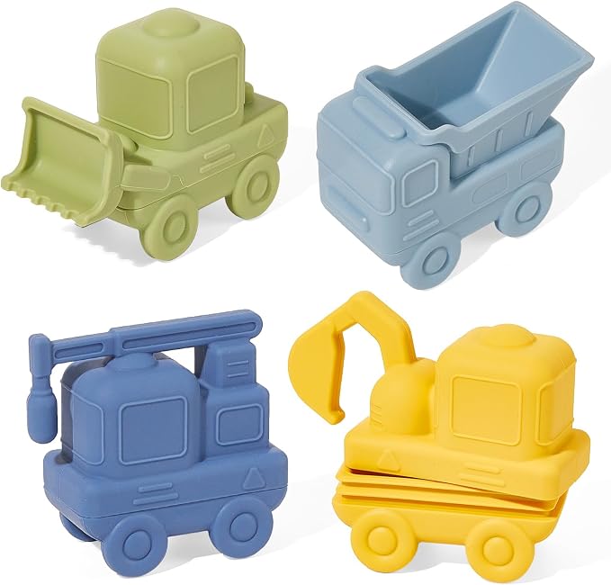 Mold Free Bath Toys for Toddlers, 4 Pack Food Grade Silicone Bath Toys, Easy Clean Truck & Construction Car Bath Toy | Squeezable & Floating Bathtub Toys | Beach Water Pool Toys for Boy Girl Gifts