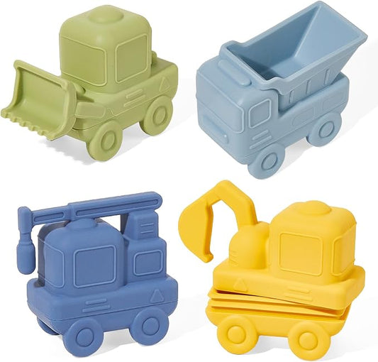 Mold Free Bath Toys for Toddlers, 4 Pack Food Grade Silicone Bath Toys, Easy Clean Truck & Construction Car Bath Toy | Squeezable & Floating Bathtub Toys | Beach Water Pool Toys for Boy Girl Gifts