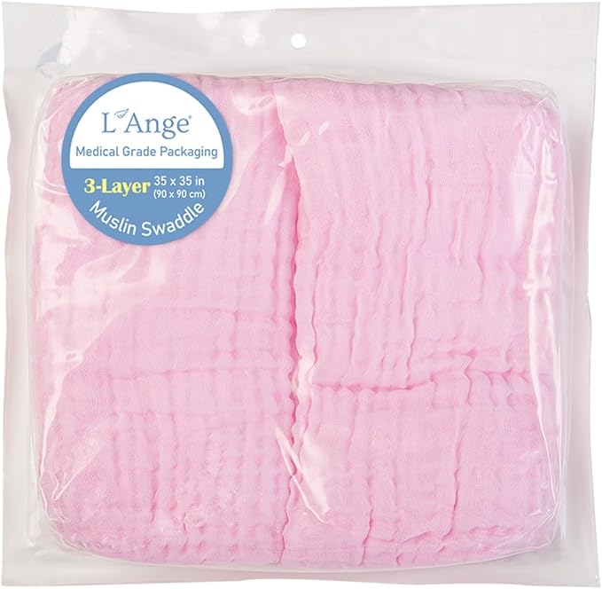 L'Ange Baby Muslin Swaddle Blanket - 3 Layer Breathable Cotton Receiving Blankets - Medical Grade Packaging for Newborn and Infant - 2 Pack - 35x35 - Pink