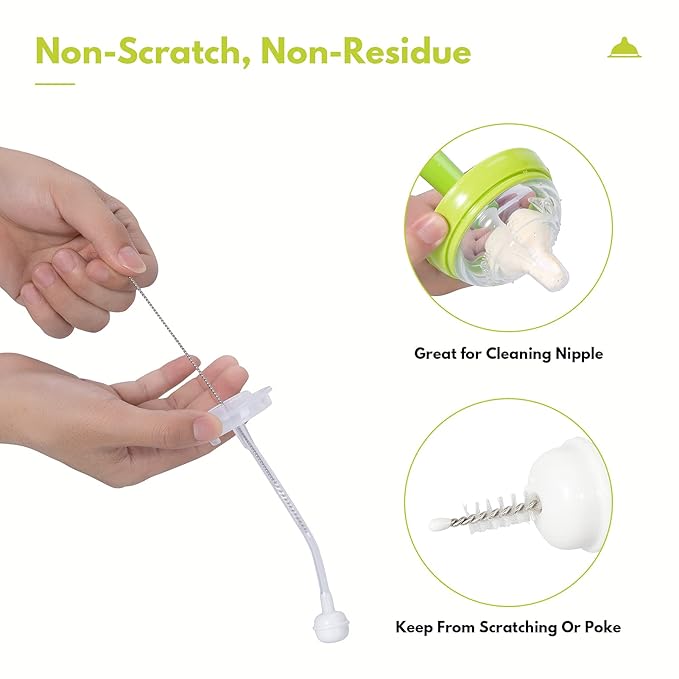 CAREBABYMORE Baby Bottle Brush with One Base Hidden Nylon Nipple Cleaner, 2 Pcs Sponge Nipple Brushes, 2 Pcs Straw Brushes, Bottle Brush with Nipple Cleaner and Suction Cup (Green)