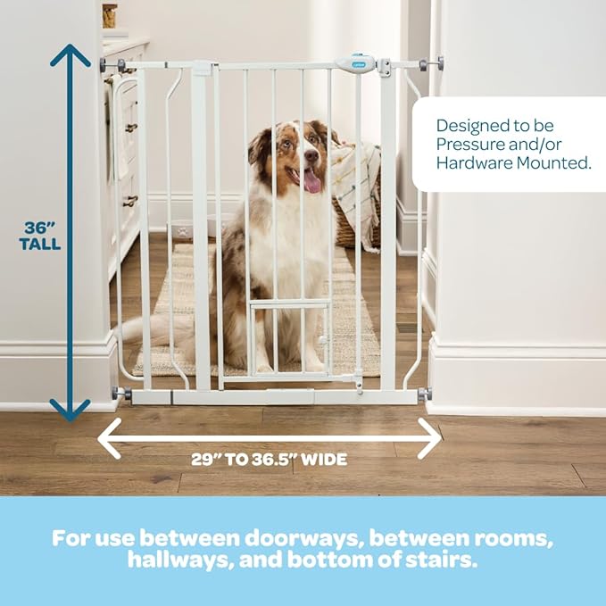Carlson 36" Extra Tall Walk Through Dog Gate for Doorways & Bottom of Stairs, Metal Pet Gate with Small Pet Door, Expands 29.5?�â€?6.5?? White