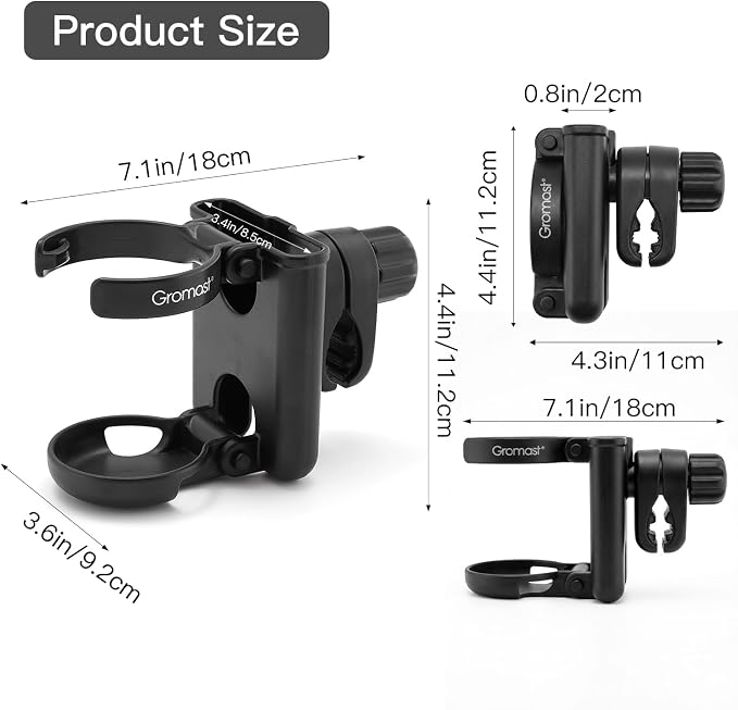 Gromast 2 in 1 Foldable Stroller Cup Holder + Phone Holder, 360°Rotatable with Adjustable Clip, Universal Cup Holder for Baby Stroller, Tricycle - Black