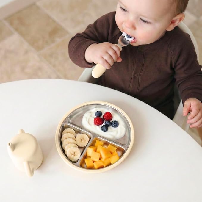 Stainless Steel Baby & Toddler Plate with Suction, Set of 2 Divided Plates with Removable Silicone Sleeves, Non Toxic BPA Free Non-Slip Unbreakable Kids Dishes (Tofu & Pearl Blush)