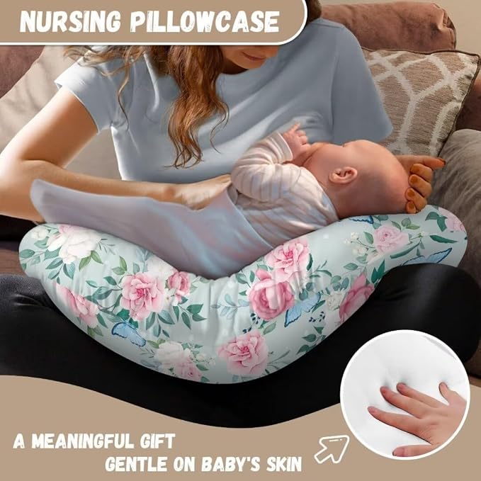 Butterfly Flowers Nursing Pillow Cover Stain Resistant Breastfeeding Pillow Slipcover Lightweight Pillow Cover for Nursery