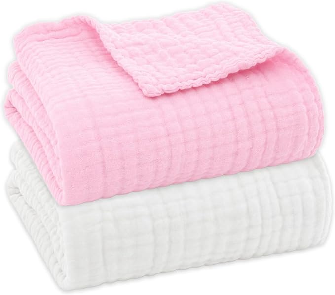 Aablexema Muslin Baby Blanket Set of 2, 6-Layers 43 x 43 Inches Baby Bath Towel Swaddle Wrap Blankets for Newborn Girls(White & Pink)