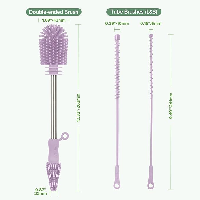 haakaa Silicone Cleaning Brush Kit - Baby Bottle Brush Cleaner for Breast Pump,Nipple,Breast Milk Storage Bag,Reusable Straw,Sippy Cup - Food Grade Silicone Bristles, Portable - 3 Pcs - Lavender