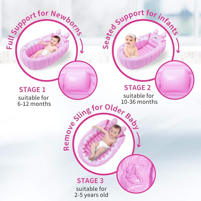 Inflatable Baby Bathtub,Newborn to Toddler Bath Tub with Built-in Air Pump,Portable Travel Shower Basin with Back Support,Foldable Toddler Tub Shower for Kids 0-6 Months(Pink)