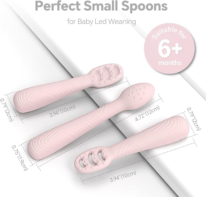 Baby Spoons Self-Feeding 6+ Months, 6 Pack Silicone Training Spoon Set for Baby Led Weaning, 3-Stage & Easy Grip First Utensils for Toddlers Learning Eating Essentials, Dishwasher Safe (Pink Rose)